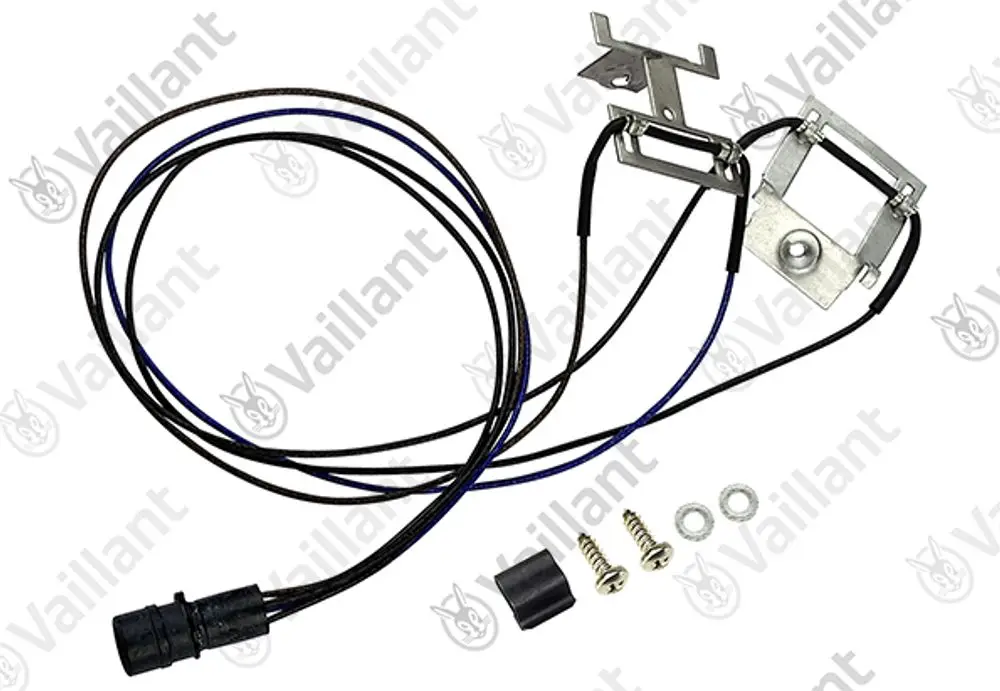 Vaillant Abgassensor mit Anschlusskabel, Halterung und Montageschrauben. Teile sind klar strukturiert und für die Installationsanwendung konzipiert.